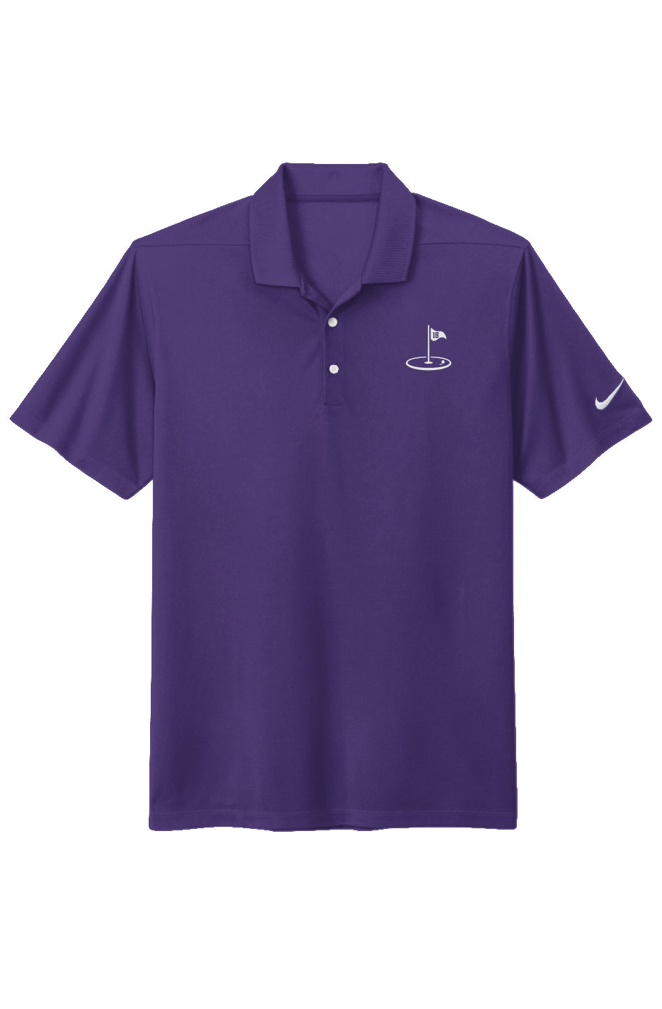 "Play18 Premier Golf Polo in Purple, featuring Dri-FIT technology and stylish pearlized buttons."