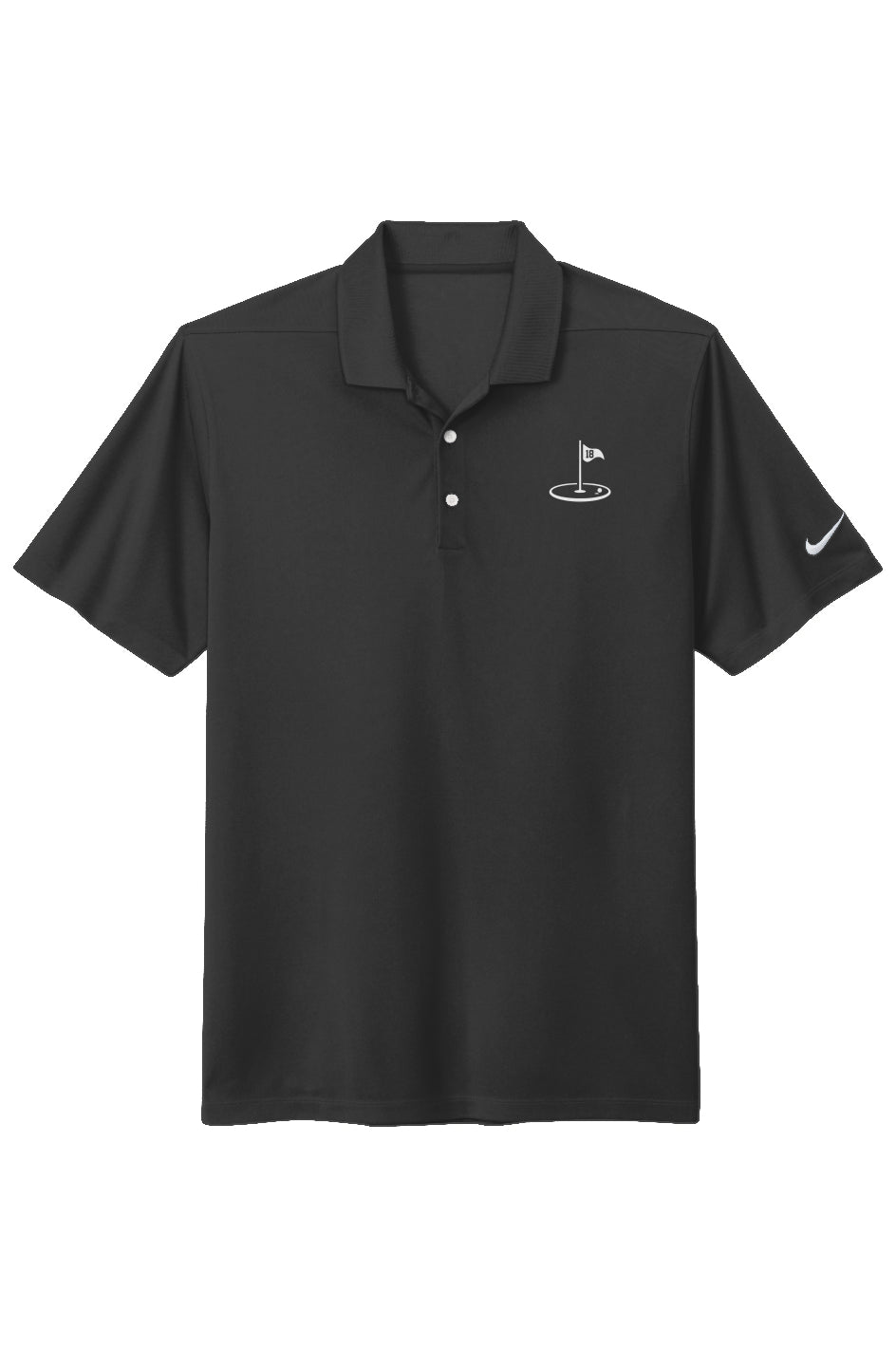 Play18 Premier Golf Polo in black, featuring Dri-FIT technology and stylish pearlized buttons