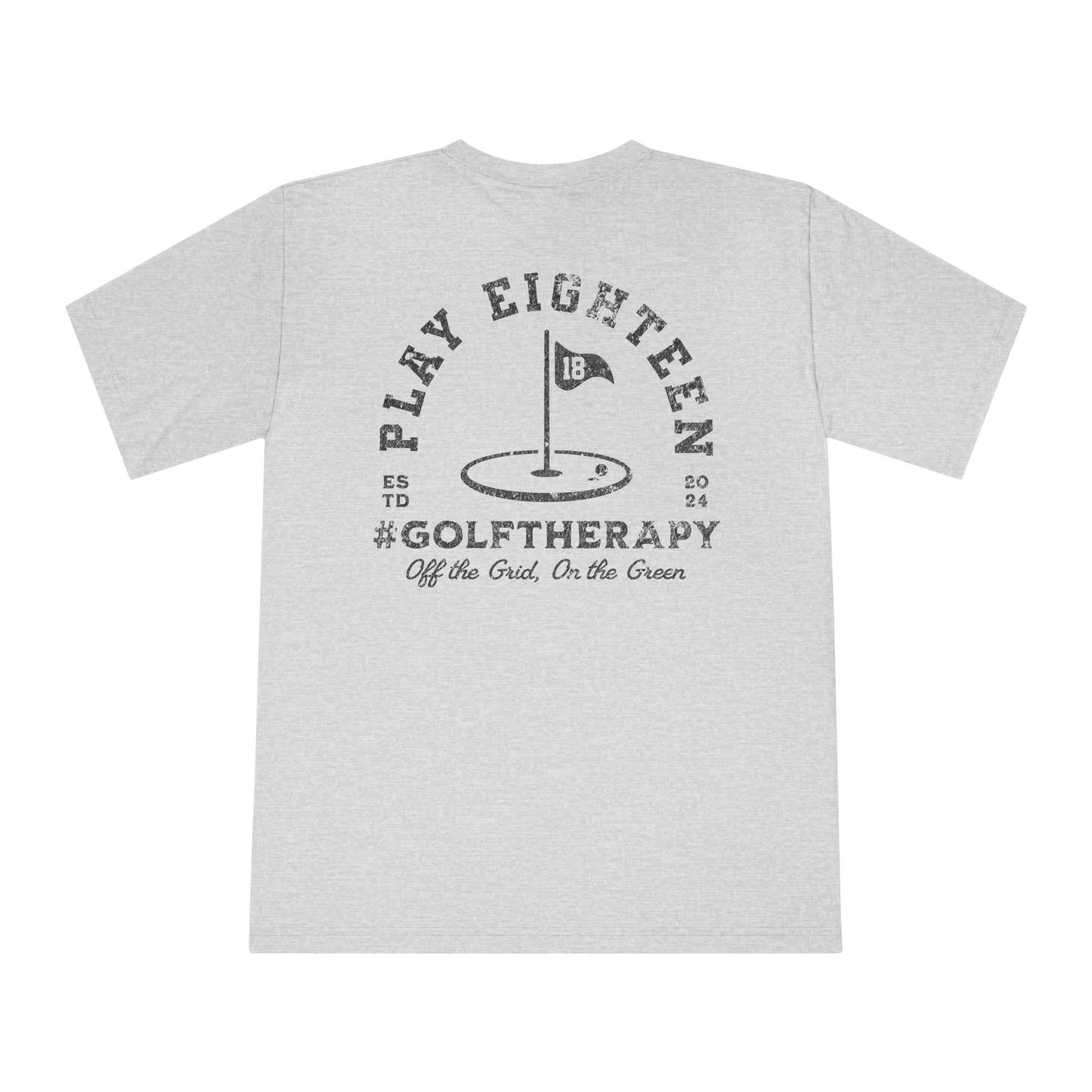 "Play18 Classic Crewneck Golf T-shirt in grey, perfect for golfing enthusiasts looking for style and comfort."