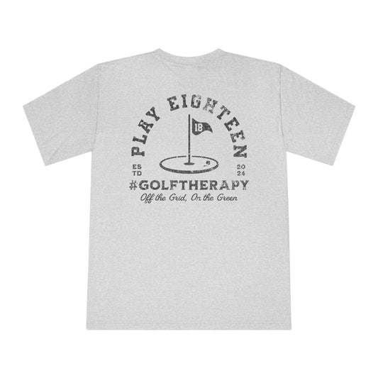 "Play18 Classic Crewneck Golf T-shirt in grey, perfect for golfing enthusiasts looking for style and comfort."